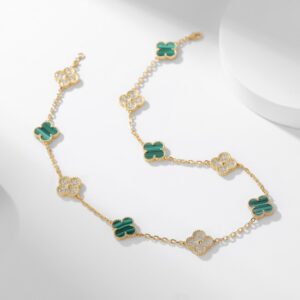 マラカイト×人工ダイヤモンド 10モチーフ ロングネックレス｜イエローゴールド｜Van Cleef & Arpels Vintage Alhambraスタイル