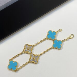 ターコイズ＆ダイヤモチーフ 四つ葉クローバーブレスレット｜ゴールドカラー｜Van Cleef & Arpelsスタイル