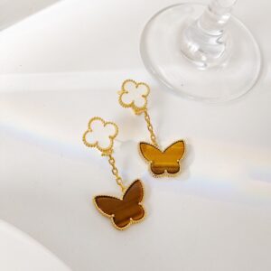 ホワイトシェル＋タイガーアイ バタフライダブルフラワーピアス｜Luckyスタイル